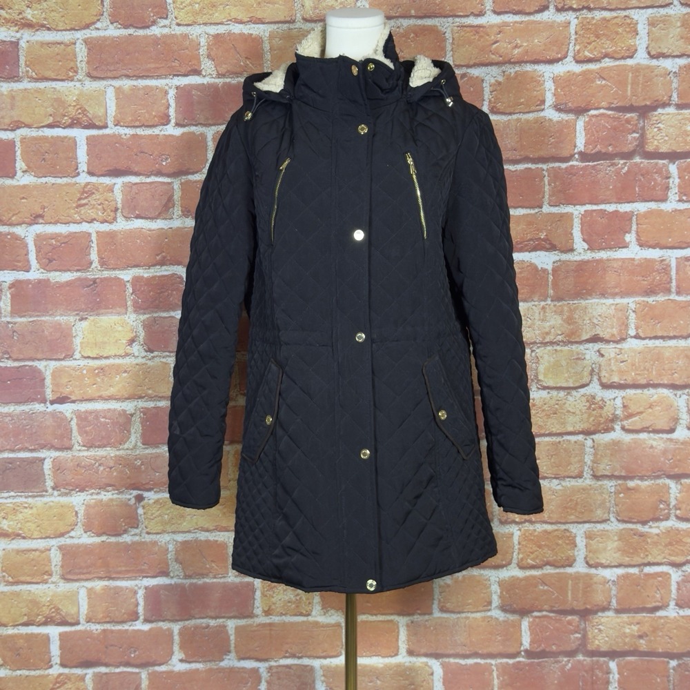 Laundry by Shelli Segal Women's Black Quilted Parka Coat Faux Fur Hood Size XL
